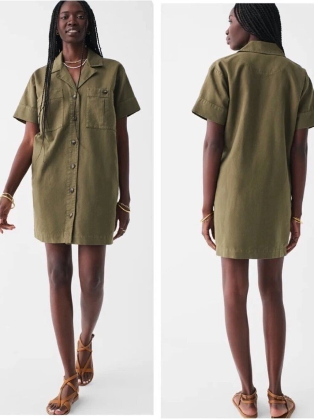 Faherty Palos Verdes Linen Blend Button Front Short Sleeve Dress Olive Green, XS